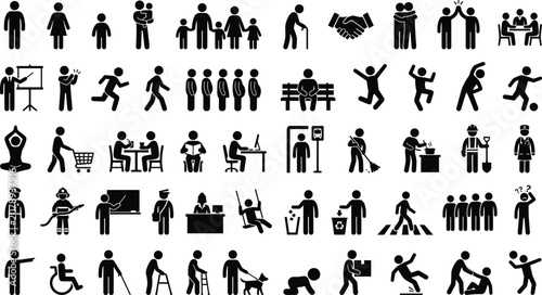 Set of black stick figure human icons showing various daily life activities people actions work leisure family and social interactions in a simple flat graphical design style