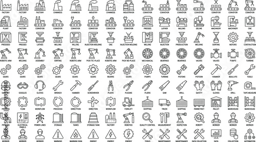 Heavy industrial manufacturing and automated factory line icon set featuring machinery assembly robotic arms conveyor belts tools warehouse and worker safety elements