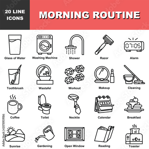 Morning Routine Line Icons Set Vector Illustration, Daily Lifestyle Activities, Personal Hygiene, Fitness, Breakfast and Home Routine Outline Collection