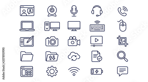 Obraz na plátne Video Call, Computer and Creative Tools Icon Set – Modern Line Vector Collection