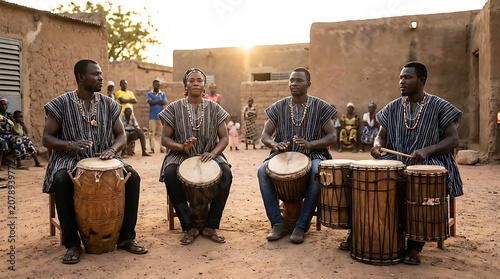 Group of musicians playing traditional drums outdoors in a village setting