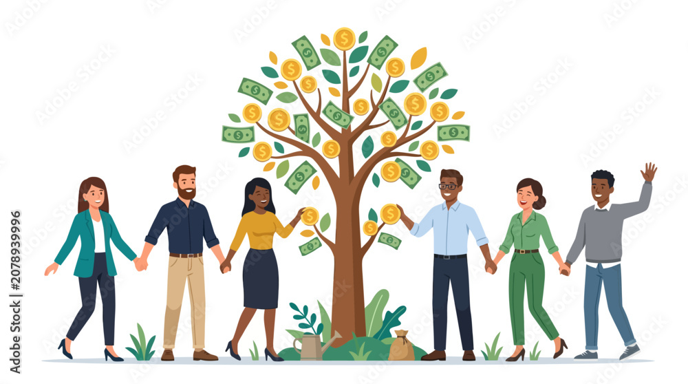Obraz premium Modern flat design vector illustration of a diverse group of people holding hands around a tree growing gold coins and dollar bills, representing financial planning and wealth growth.