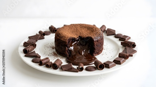 Gourmet chocolate lava cake with flowing center on white plate, chocolate