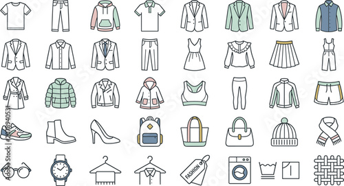 Fashion apparel and clothing color line icon set featuring casual garments business suits footwear bags outerwear laundry care and textile accessories