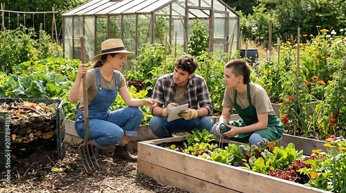 Group of young people working together in a vibrant vegetable garden on a sunny day