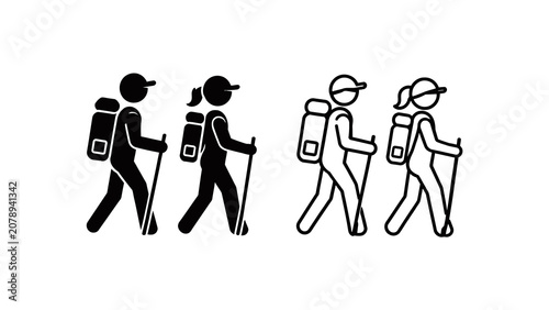 Four hikers with backpacks and trekking poles walking in a line, depicted in black and white silhouettes.