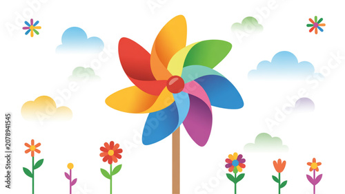 Obraz na płótnie Colorful pinwheel spinning in a cheerful garden with flowers and clouds Vector