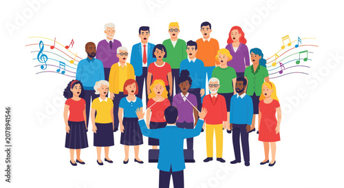 Diverse multigenerational choir singing with a conductor leading