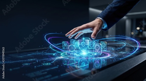Businessman interacting with holographic security and certification icons on a futuristic interface