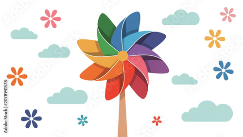 Fotografie Colorful windmill with rainbow pinwheel and floating stars in a cheerful sky Vec