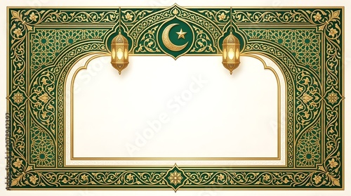 A luxurious rectangular Islamic-style border featuring intricate gold floral patterns on deep green, with hanging lanterns and a central crescent moon and star.