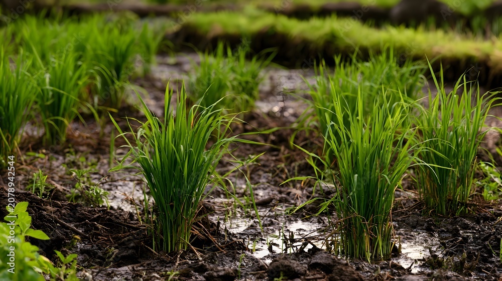 Obraz premium A long shot view of a pastoral rice paddy displaying rich dark soil and natural textures conveying a deep sense of harmony