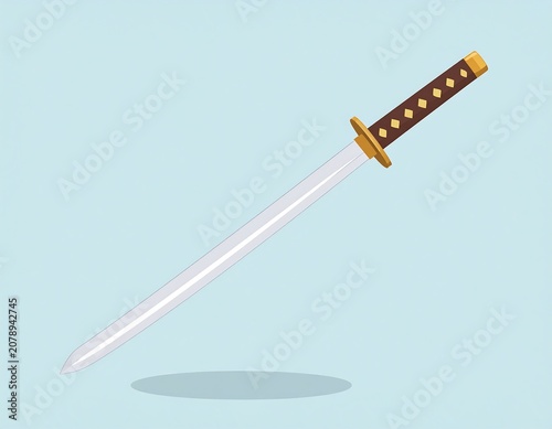 A digital illustration of a sleek, silver sword with a brown and gold handle, set against a light blue background
