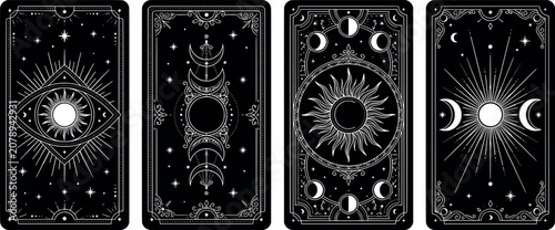 Fotografie Set of four mystical tarot cards with celestial symbols, sun, moon phases, and e