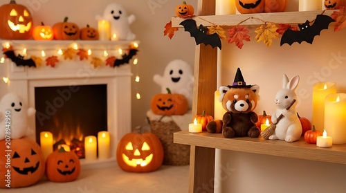 Halloween decoration scene with pumpkins ghosts and lights festive holiday decor