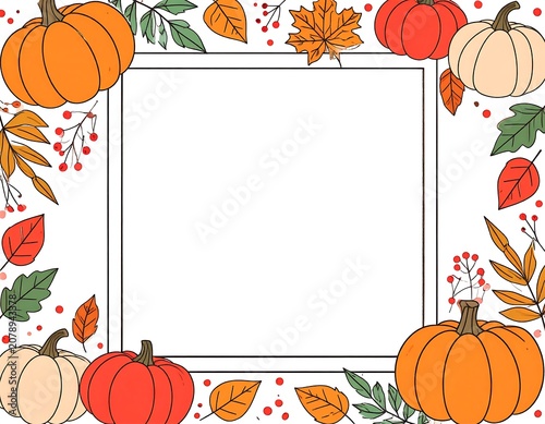 A festive autumn-themed frame with pumpkins, leaves, and berries