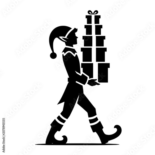 Cute Christmas elf silhouette carrying a high stack of presents, funny Santas helper walking with gift boxes vector illustration, winter holiday black stencil design