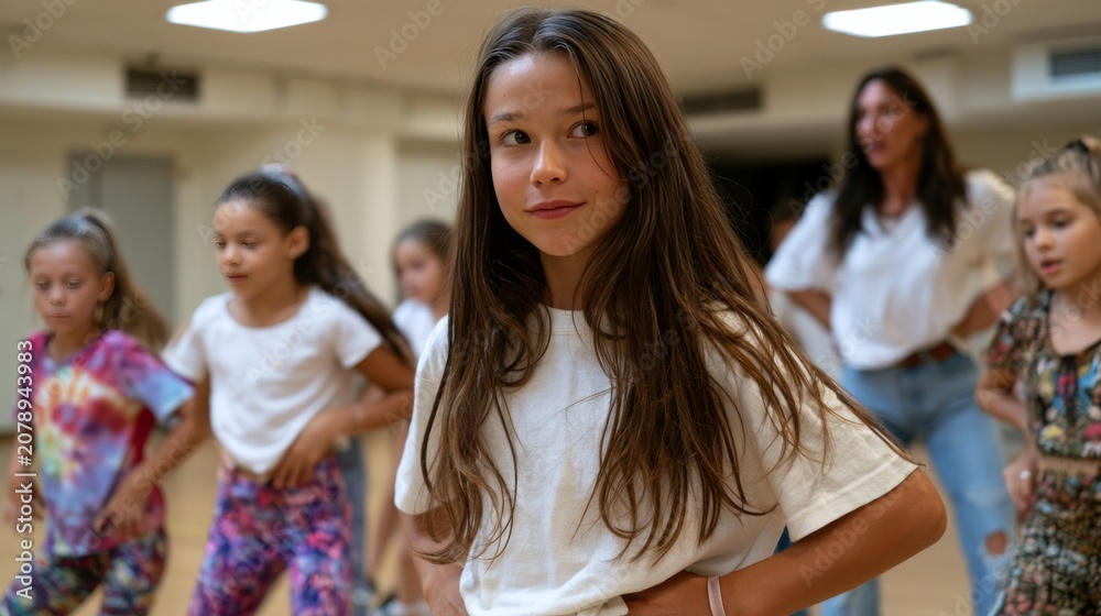 Obraz premium Young girls in a dance class learning choreography from an instructor