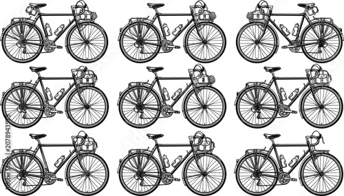 Bild auf Leinwand Set of touring bicycle silhouettes with racks bags and water bottles isolated on
