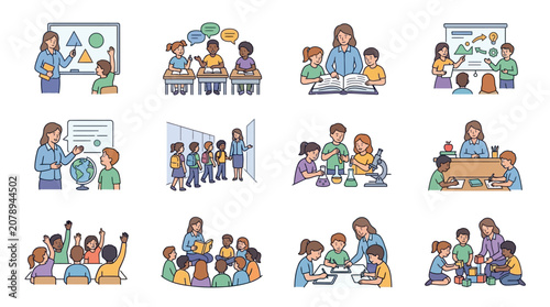 Dynamic Educational Environment Depicting Teachers and Students Engaging in Multiple Classroom Activities, Isolated on White Background