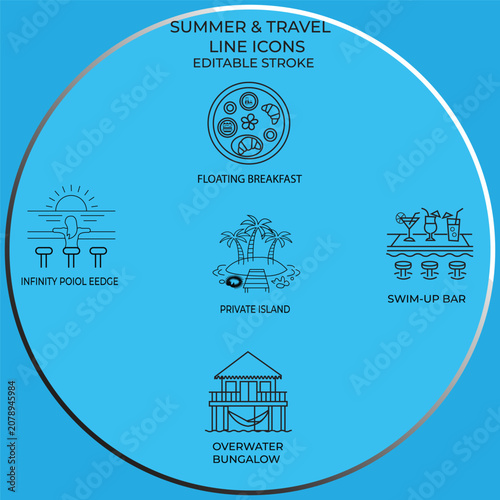 Summer and travel line icons set, luxury resort vacation thin line vector illustrations