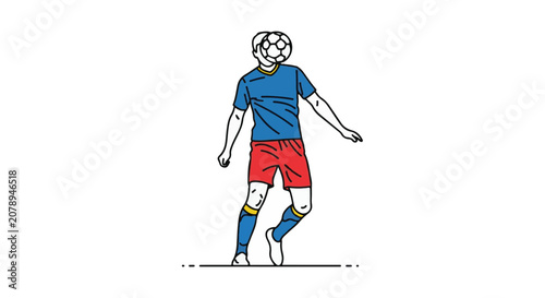 Slika na platnu Dynamic football player in blue jersey and red shorts balancing soccer ball on h