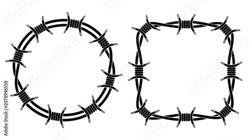 Fotografía Minimalist barbed wire fence around circle and square shapes in black and white
