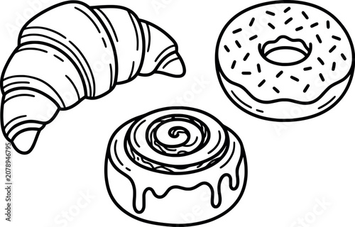Foto Set of delicious pastries including a croissant, a donut with sprinkles, and a c