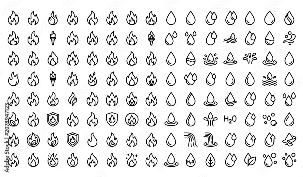 Fototapeta premium Minimal Flame and Water Drop Line Art Vector Icon Pack
