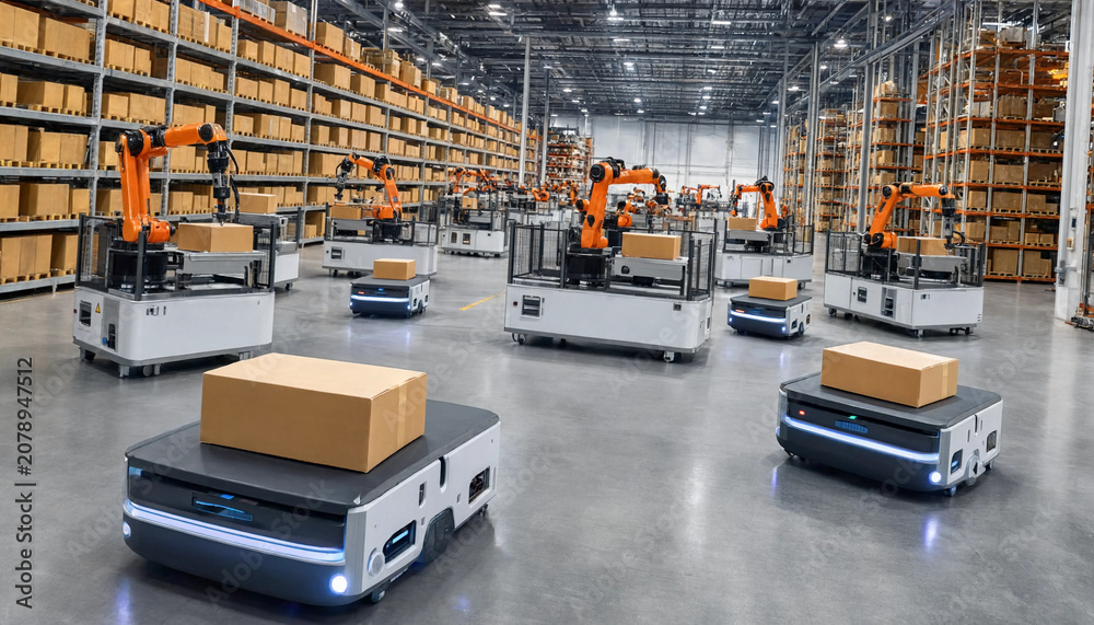 Naklejka premium Autonomous Warehouse Robots Managing Smart Logistics with AI Powered Automation System