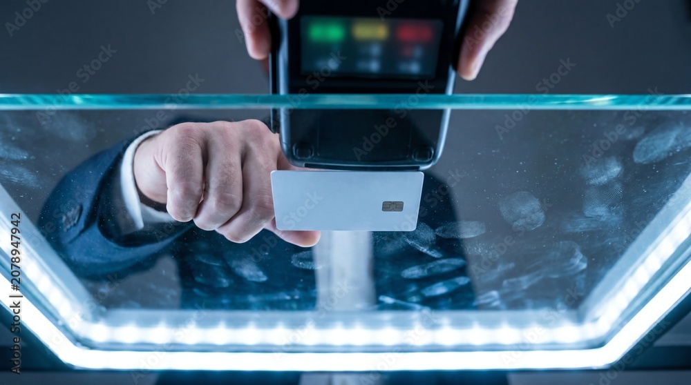 Fototapeta premium Contactless Payment: Hand holding credit card near terminal