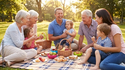 Happy family enjoying a sunny outdoor picnic gathering in a park setting