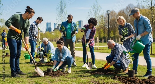 Group of diverse volunteers planting young trees in a sunny city park.