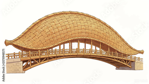 Traditional Bamboo and Reed Bridge with Woven Thatched Roof and Stone Piers