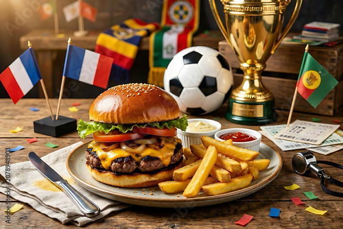 Delicious gourmet cheeseburger with french fries, gold trophy and soccer ball for world championship sports celebration