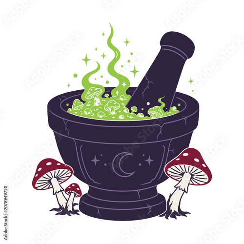 Magical Glowing Mushroom Mortar and Pestle with Witchcraft Potion – Halloween Vector Illustration