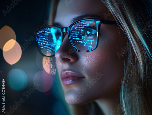 Close up profile of smart woman wearing eyeglasses with computer code reflection at night