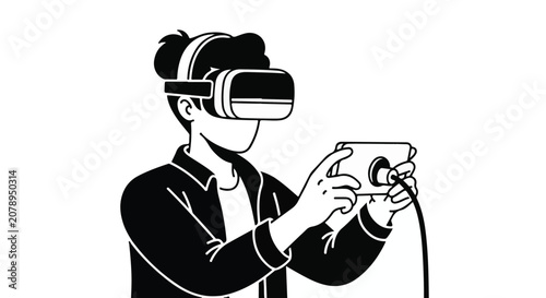 Принти на полотні Young person wearing a virtual reality headset and holding a connected controller, immersed in a digital world with clean lines and a monochrome palette