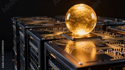 Server racks with glowing crystal orb