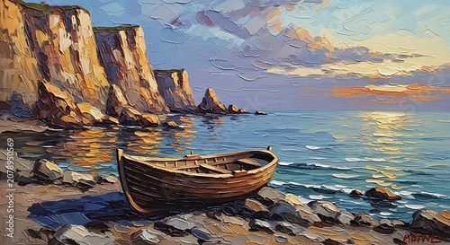 A serene wooden boat rests on rocky shoreline beside towering cliffs at sunset