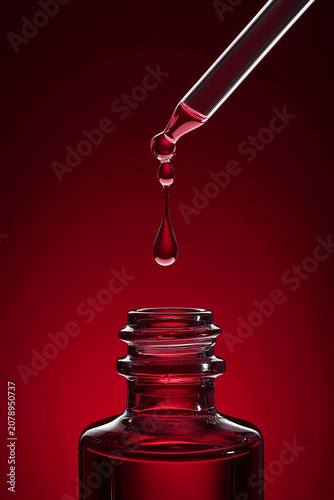 Close up of glass dropper with falling red liquid drop into medicine bottle