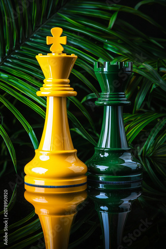 Yellow king and green rook chess pieces on black reflective surface with palm leaves background