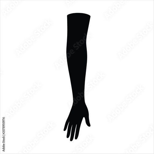 A black vector illustration of a human arm and hand, isolated on a white background, in a minimalist style.