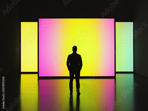 Silhouette of man standing in front of large glowing neon pink and yellow screens in dark room