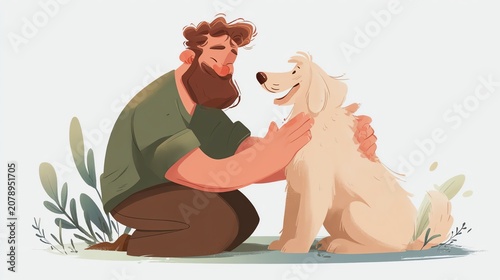 Man bonding with a happy golden retriever.