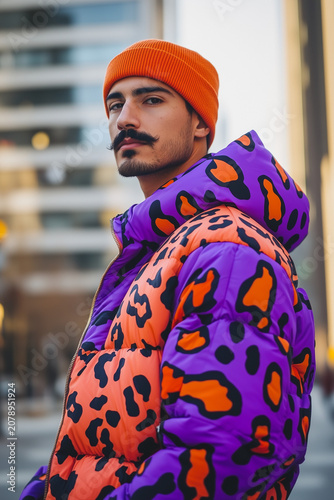 Young man with mustache wearing colorful leopard pattern puffer jacket and orange beanie