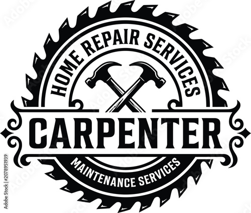 A professional carpenter logo featuring a circular saw blade, crossed hammers, and bold typography in a vintage badge style. This high-quality vector illustration is ideal for woodworking businesses, 