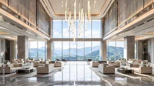 Modern hotel lobby with mountain view