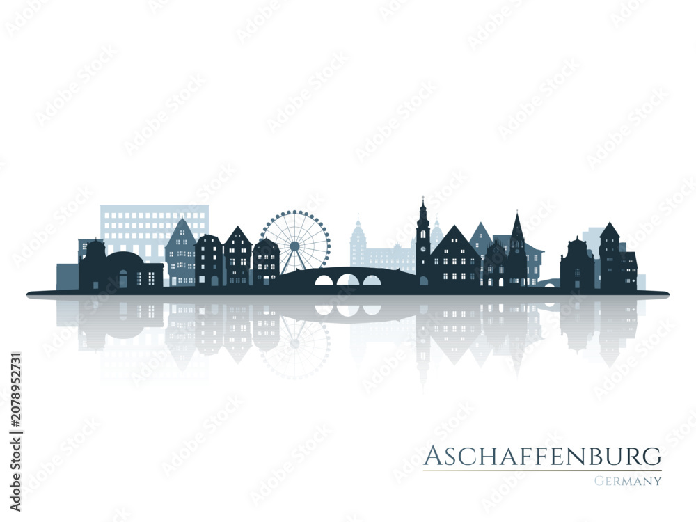 Obraz premium Aschaffenburg skyline silhouette with reflection. Landscape Aschaffenburg, Germany. Vector illustration.