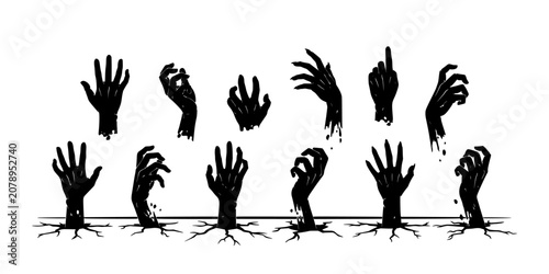 Zombie Hands Emerging From the Ground in a Dark, Eerie Illustration Featuring Horror, Undead, Creepy with Scary and Monsters
